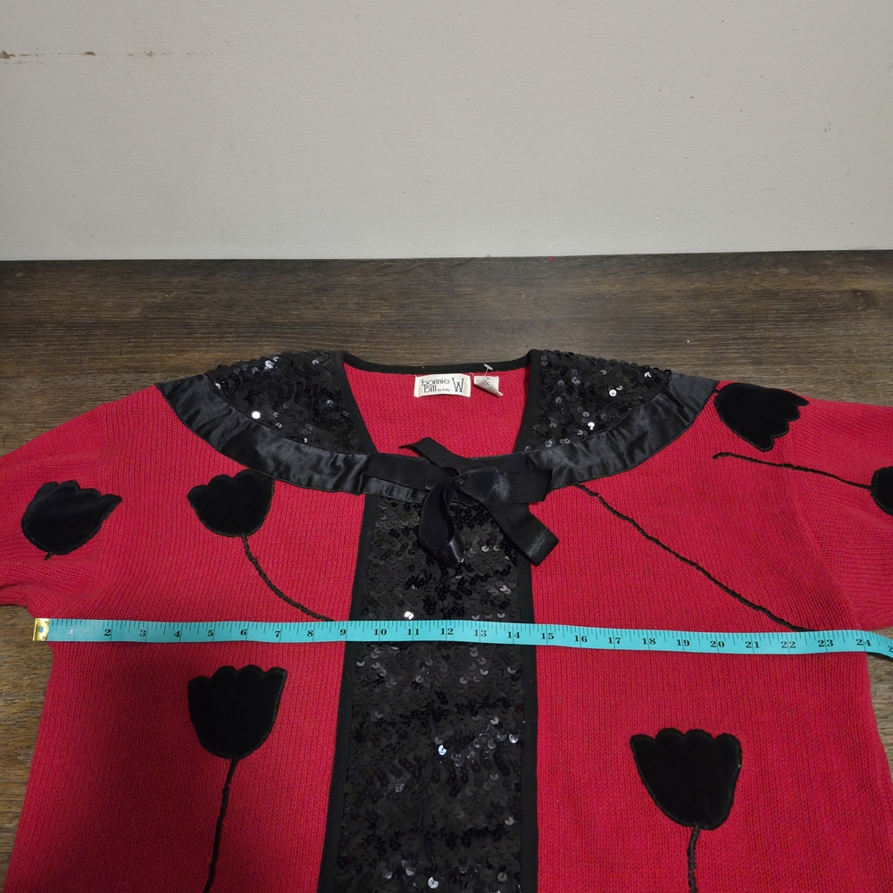 Vintage 80s Red Black Sequin Floral Tulip Cardigan Sweater Women's Plus Size 1X - Picture 7 of 10